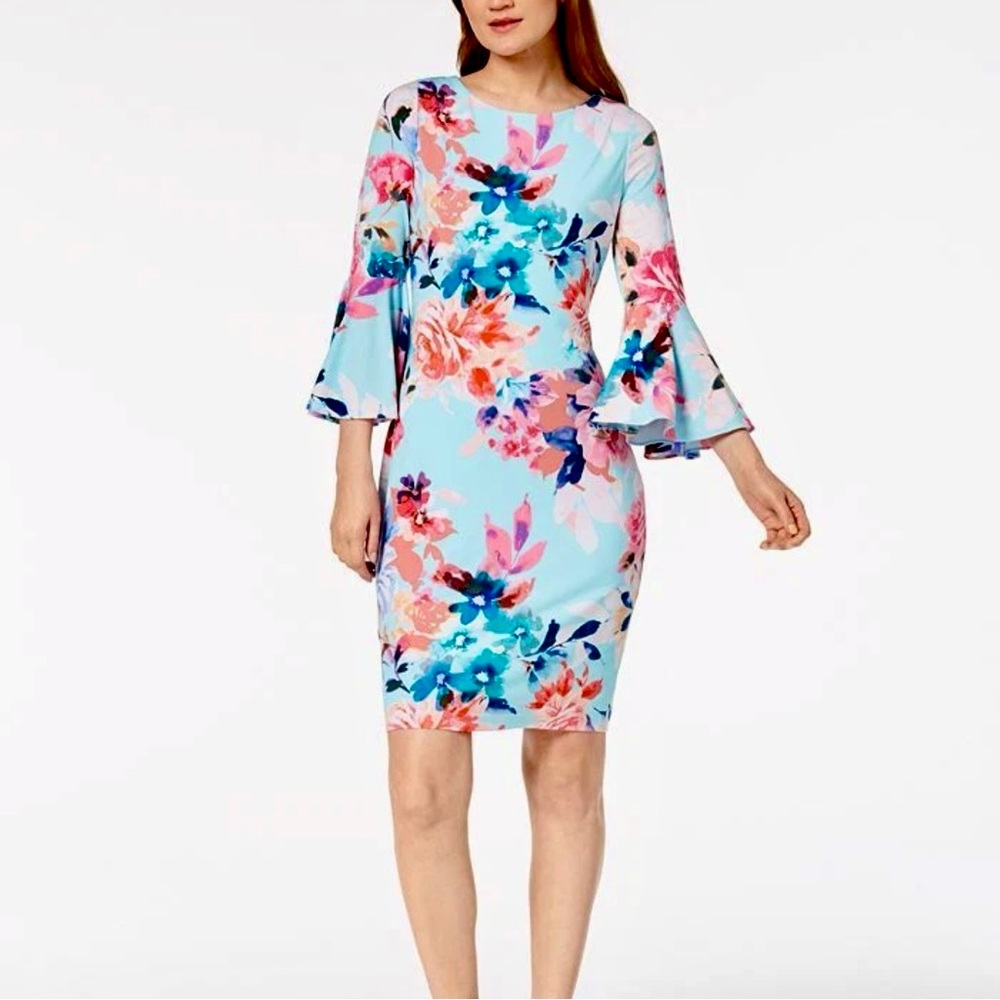 Calvin Klein Watercolor Floral Bell Sleeve Sheath Dress